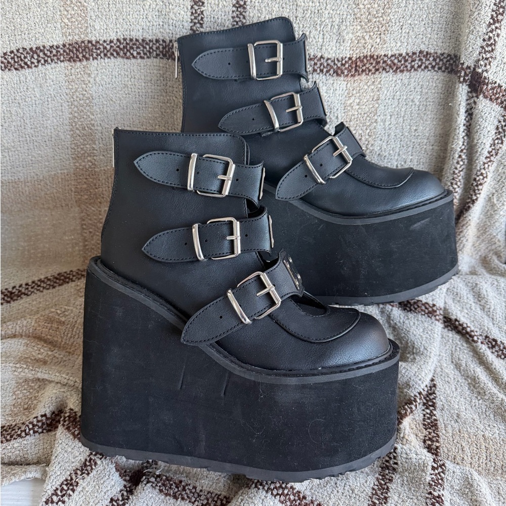 Demonia Black Triple Buckle Platform Boots
